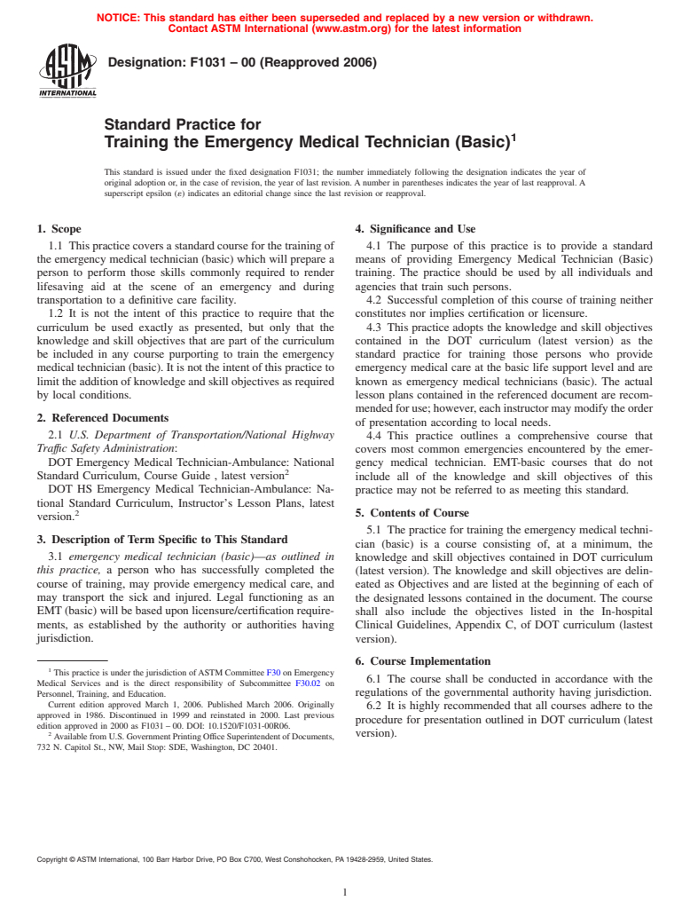 ASTM F1031-00(2006) - Standard Practice for Training the Emergency Medical Technician (Basic)