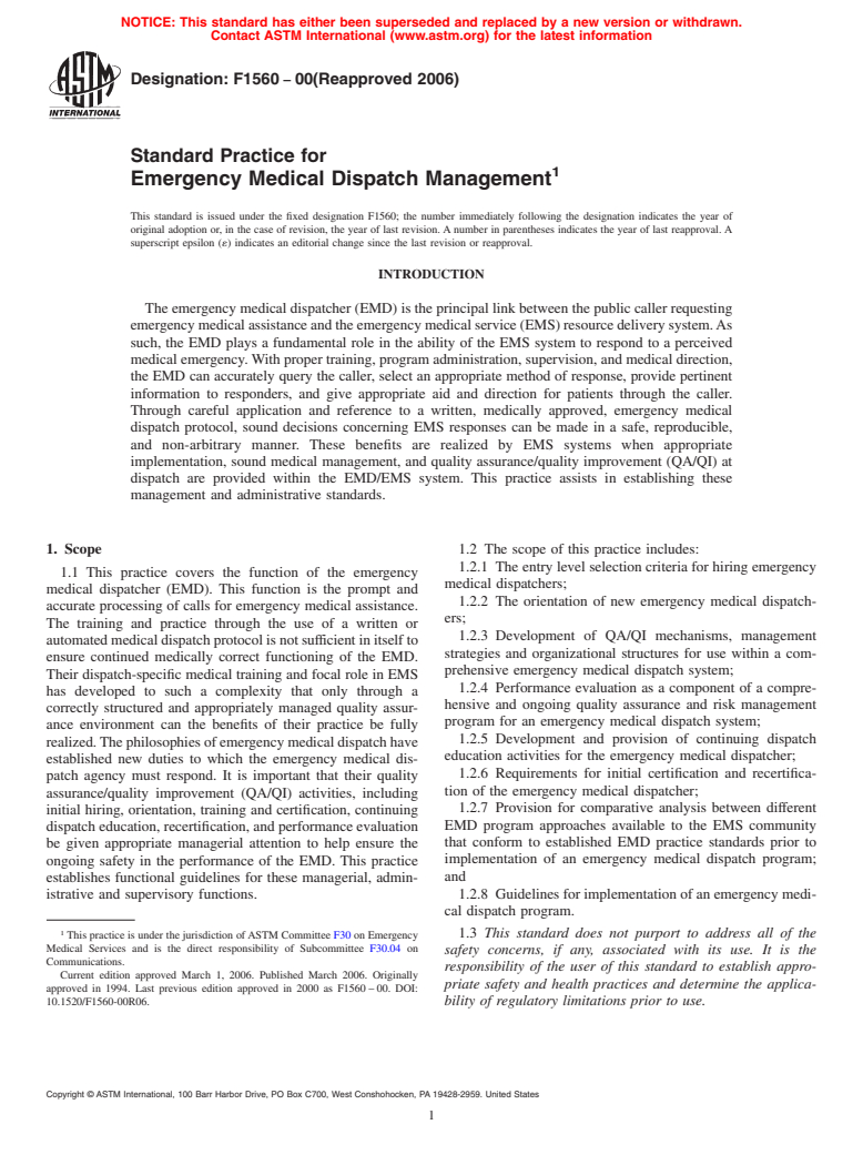 ASTM F1560-00(2006) - Standard Practice for Emergency Medical Dispatch Management
