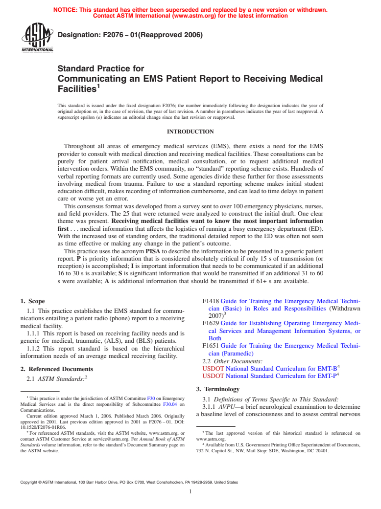 ASTM F2076-01(2006) - Standard Practice for Communicating an EMS Patient Report to Receiving Medical Facilities