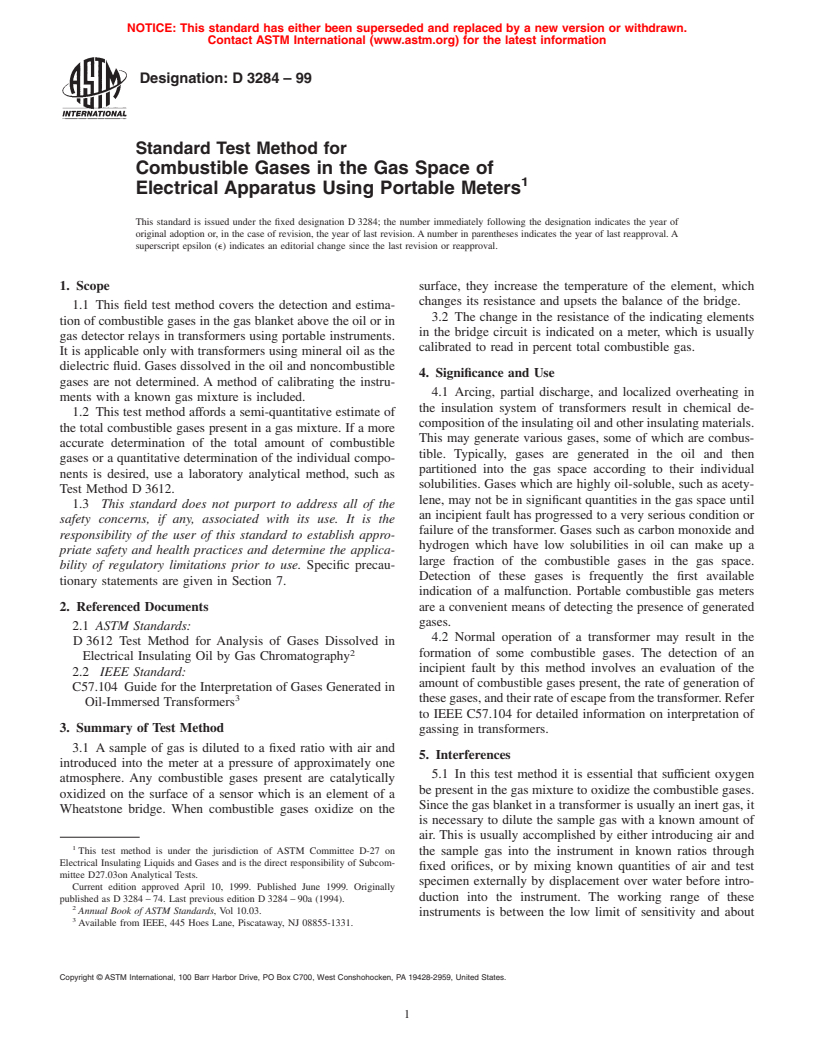 ASTM D3284-99 - Standard Test Method for Combustible Gases in the Gas Space of Electrical Apparatus Using Portable Meters