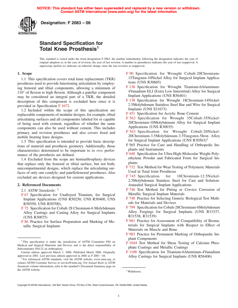 ASTM F2083-06 - Standard Specification for Total Knee Prosthesis