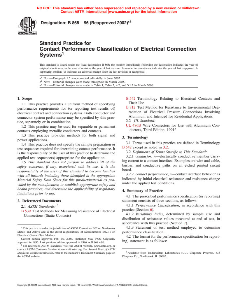 ASTM B868-96(2002)e3 - Standard Practice for Contact Performance Classification of Electrical Connection Systems