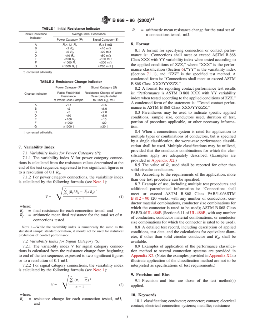 ASTM B868-96(2002)e3 - Standard Practice for Contact Performance Classification of Electrical Connection Systems