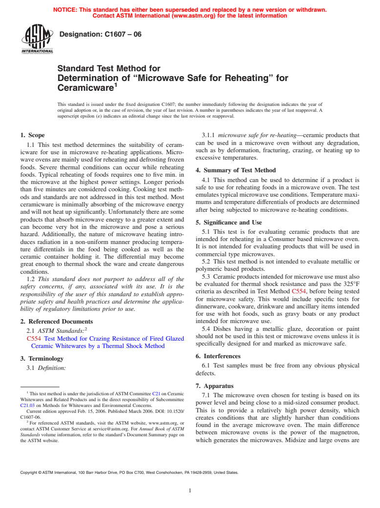 ASTM C1607-06 - Standard Test Method for Determination of "Microwave Safe for Reheating" for Ceramicware