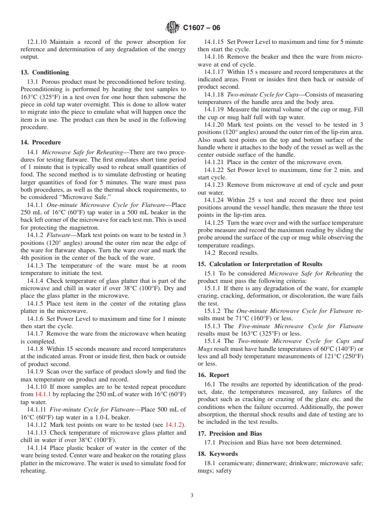 ASTM C1607-06 - Standard Test Method for Determination of "Microwave Safe for Reheating" for Ceramicware