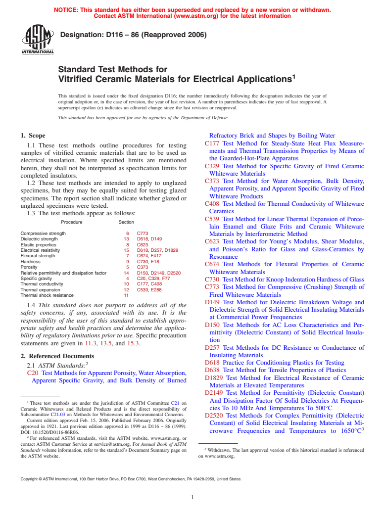 ASTM D116-86(2006) - Standard Test Methods for Vitrified Ceramic Materials for Electrical Applications