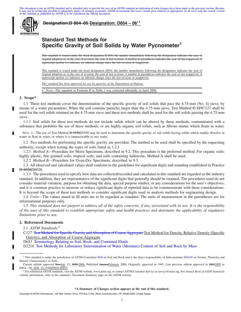 REDLINE ASTM D854-06e1 - Standard Test Methods for Specific Gravity of Soil Solids by Water Pycnometer