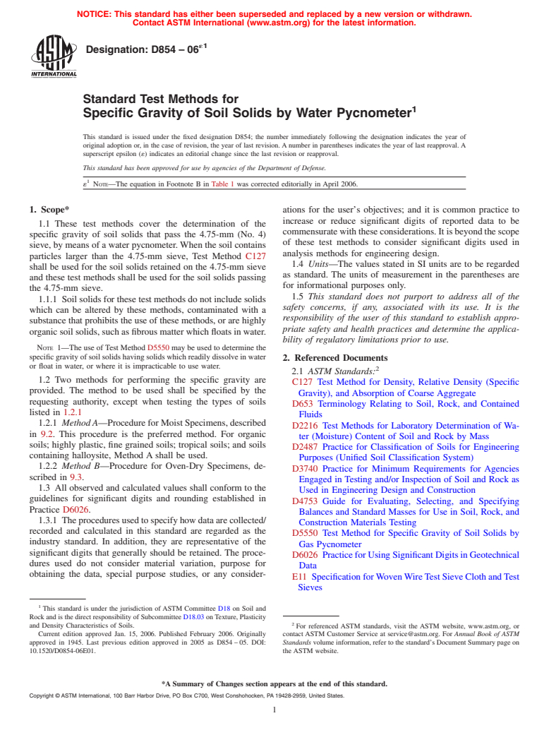 ASTM D854-06e1 - Standard Test Methods for Specific Gravity of Soil Solids by Water Pycnometer