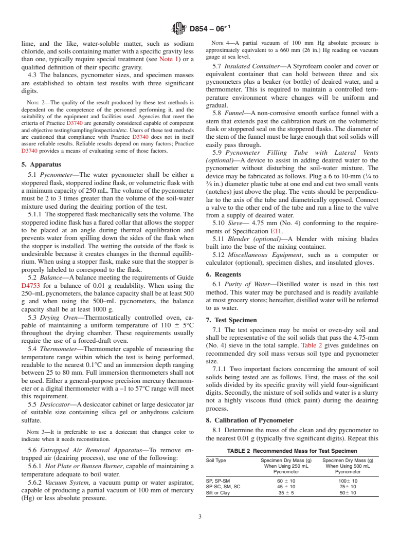 ASTM D854-06e1 - Standard Test Methods for Specific Gravity of Soil Solids by Water Pycnometer