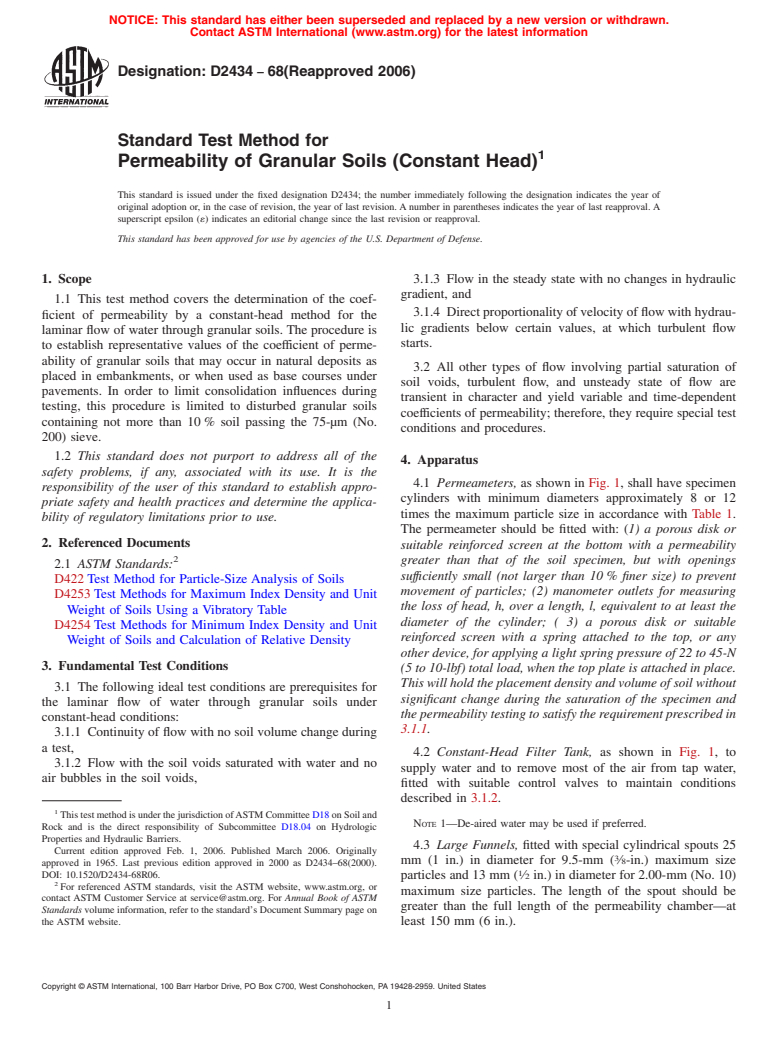 ASTM D2434-68(2006) - Standard Test Method for Permeability of Granular Soils (Constant Head) (Withdrawn 2015)