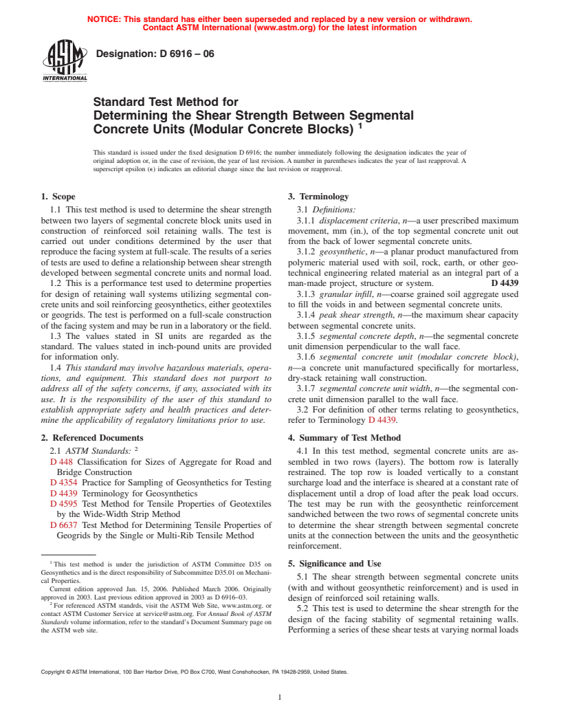 ASTM D6916-06 - Standard Test Method for Determining the Shear Strength Between Segmental Concrete Units (Modular Concrete Blocks)