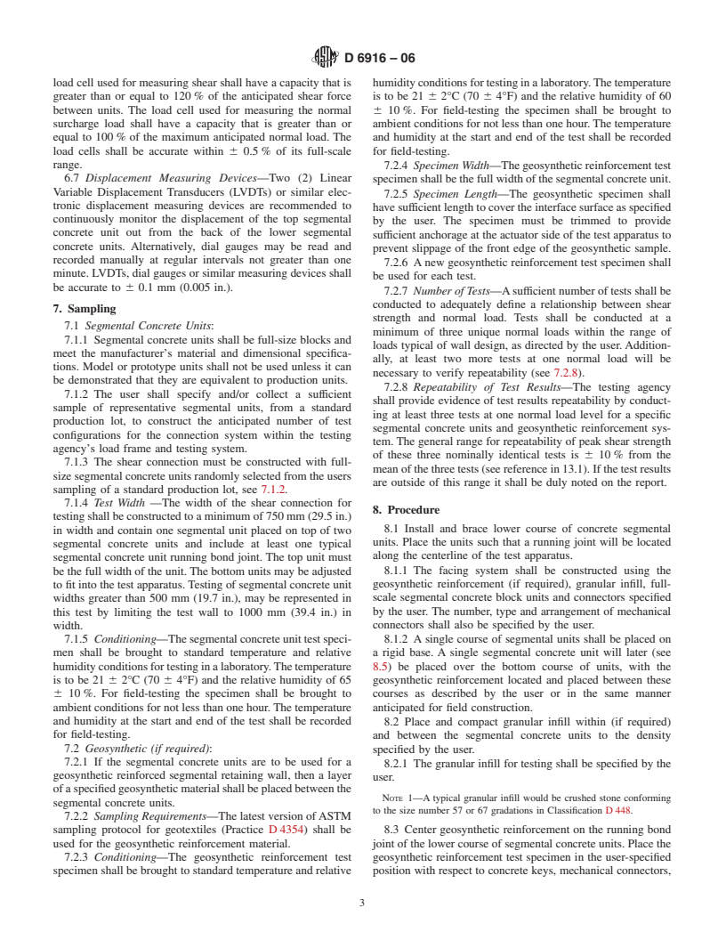 ASTM D6916-06 - Standard Test Method for Determining the Shear Strength Between Segmental Concrete Units (Modular Concrete Blocks)