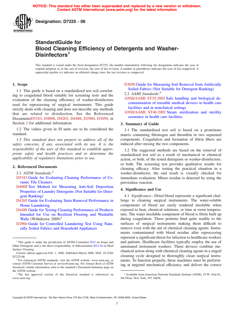 ASTM D7225-06 - Standard Guide for Blood Cleaning Efficiency of Detergents and Washer-Disinfectors