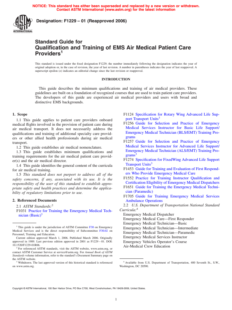 ASTM F1229-01(2006) - Standard Guide for the Qualification and Training of EMS Air-Medical Patient Care Providers
