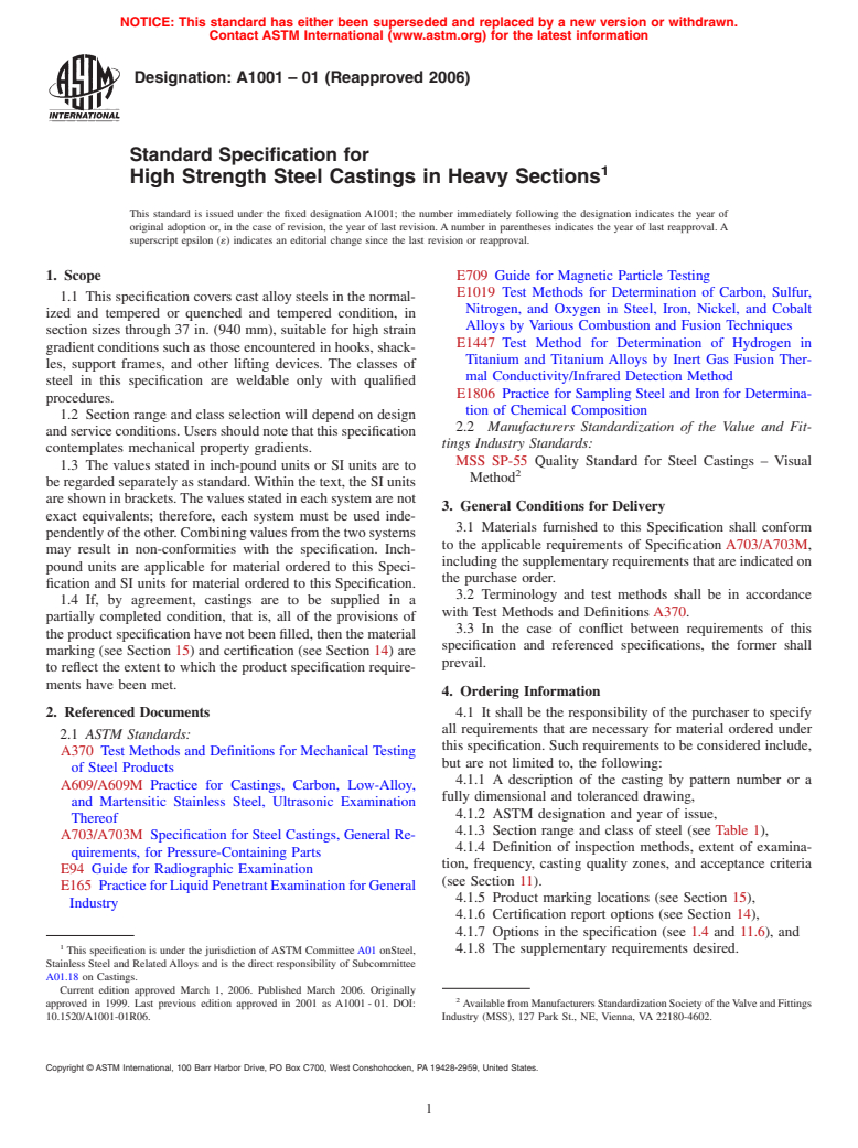 ASTM A1001-01(2006) - Standard Specification for High Strength Steel Castings in Heavy Sections