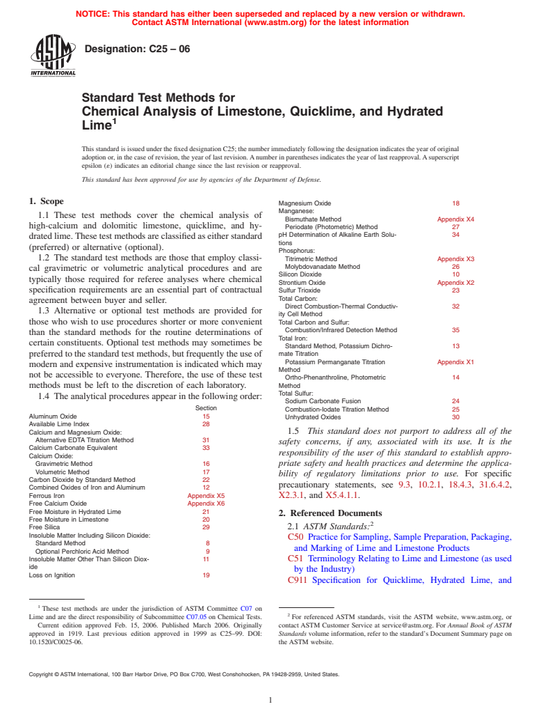 ASTM C25-06 - Standard Test Methods for Chemical Analysis of Limestone, Quicklime, and Hydrated Lime