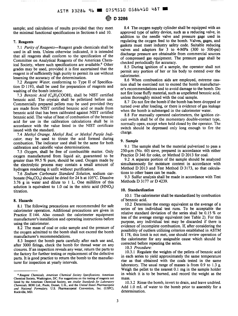 ASTM D3286-96 - Standard Test Method for Gross Calorific Value of Coal and Coke by the Isoperibol Bomb Calorimeter (Withdrawn 2000)