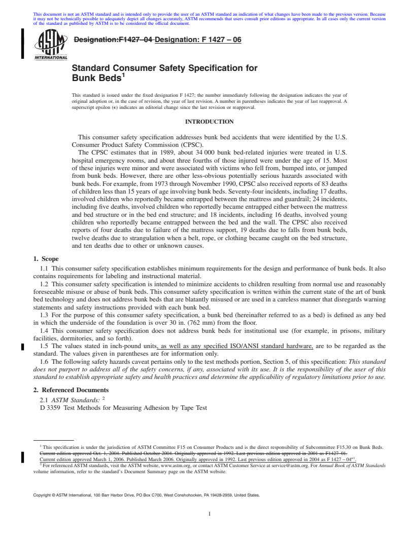 REDLINE ASTM F1427-06 - Standard Consumer Safety Specification for Bunk Beds