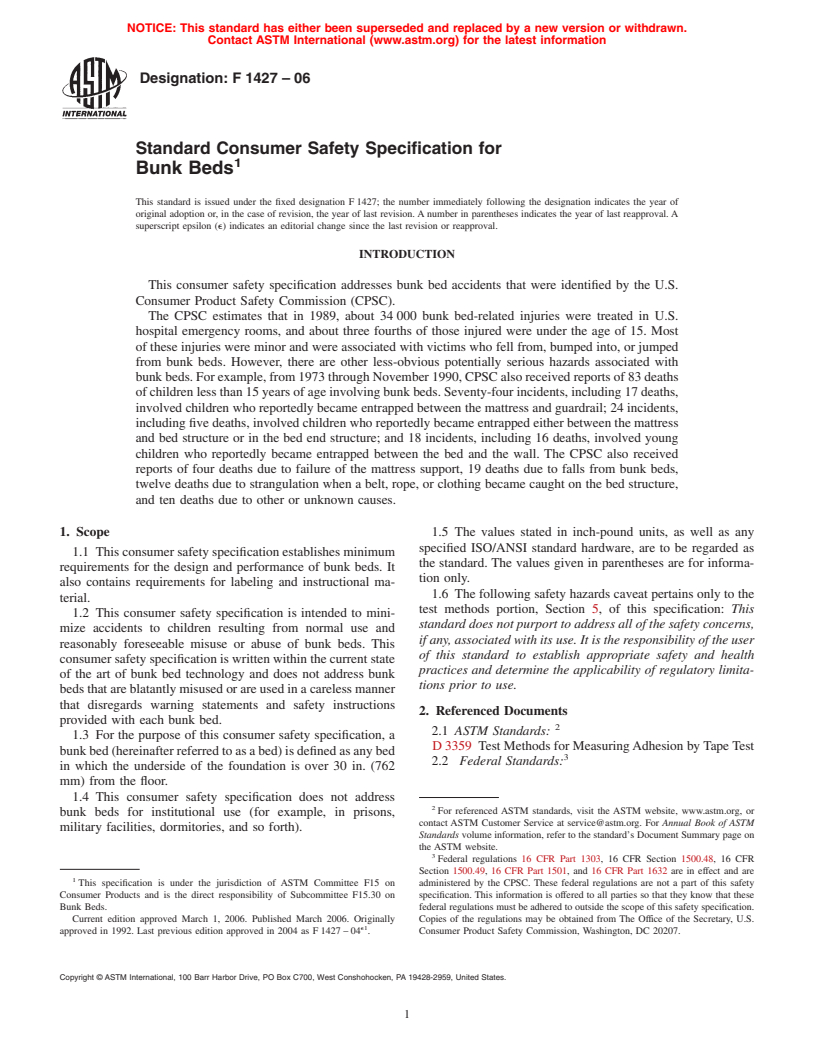 ASTM F1427-06 - Standard Consumer Safety Specification for Bunk Beds