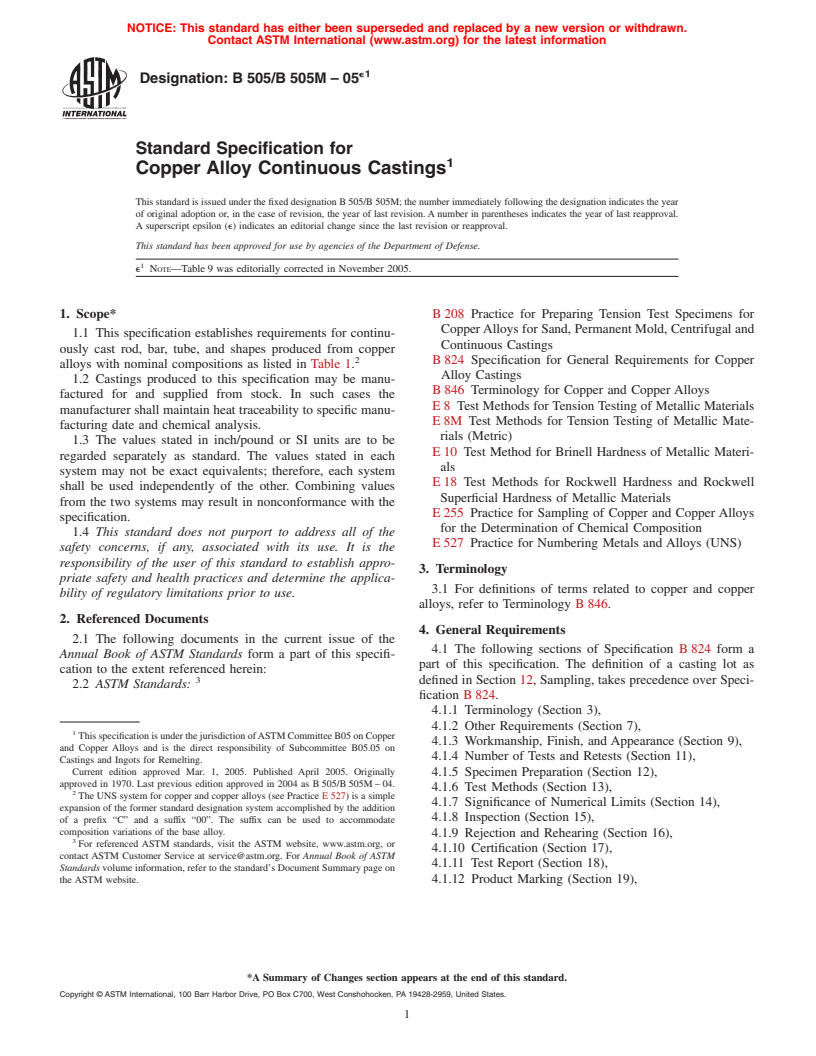 ASTM B505/B505M-05e1 - Standard Specification for Copper Alloy Continuous Castings