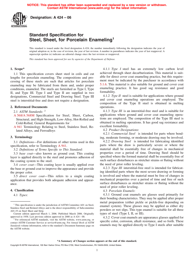 ASTM A424-06 - Standard Specification for Steel, Sheet, for Porcelain Enameling