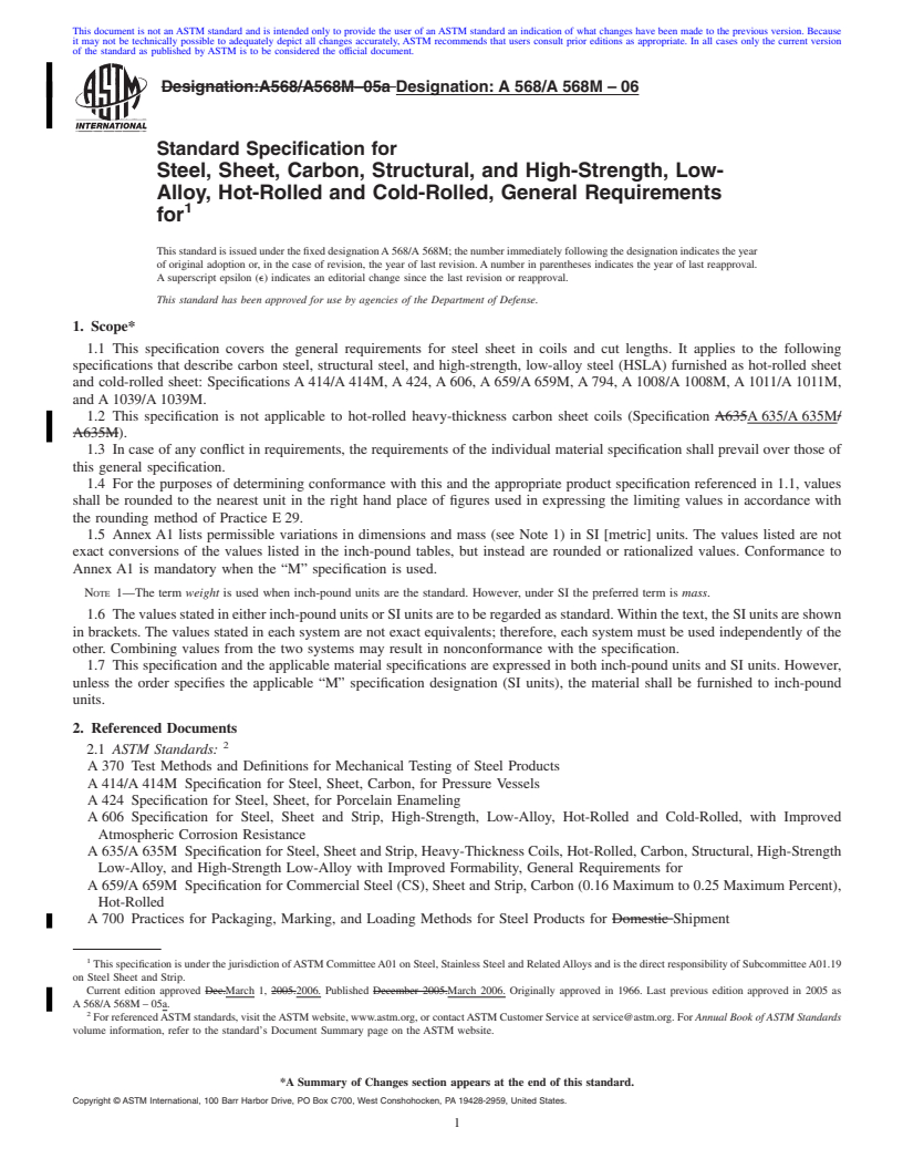 REDLINE ASTM A568/A568M-06 - Standard Specification for Steel, Sheet, Carbon, Structural, and High-Strength, Low-Alloy, Hot-Rolled and Cold-Rolled, General Requirements for