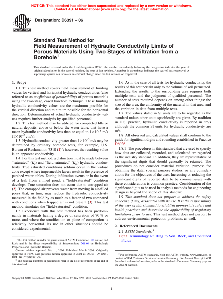 ASTM D6391-06 - Standard Test Method for Field Measurement of Hydraulic Conductivity Limits of Porous Materials Using Two Stages of Infiltration from a Borehole