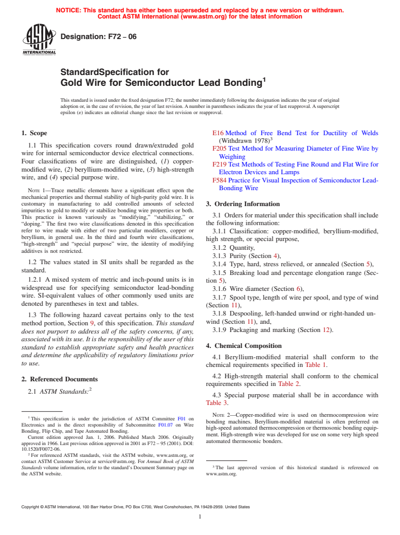 ASTM F72-06 - Standard Specification for Gold Wire for Semiconductor Lead Bonding (Withdrawn 2015)