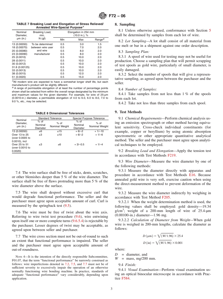 ASTM F72-06 - Standard Specification for Gold Wire for Semiconductor Lead Bonding (Withdrawn 2015)