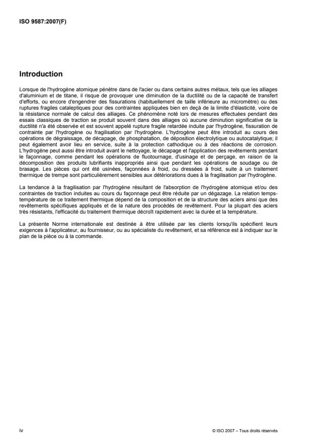 ISO 9587:2007 ISO 9587:2007 - Revetements métalliques et autres revetements inorganiques -- Prétraitements du fer ou de l'acier visant a réduire le risque de fragilisation par l'hydrogene - Page 4 preview