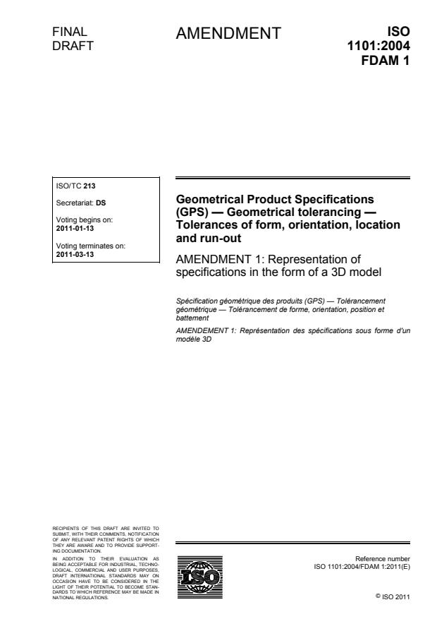 ISO 1101:2004/FDAmd 1 - Representation of specifications in the form of a 3D model