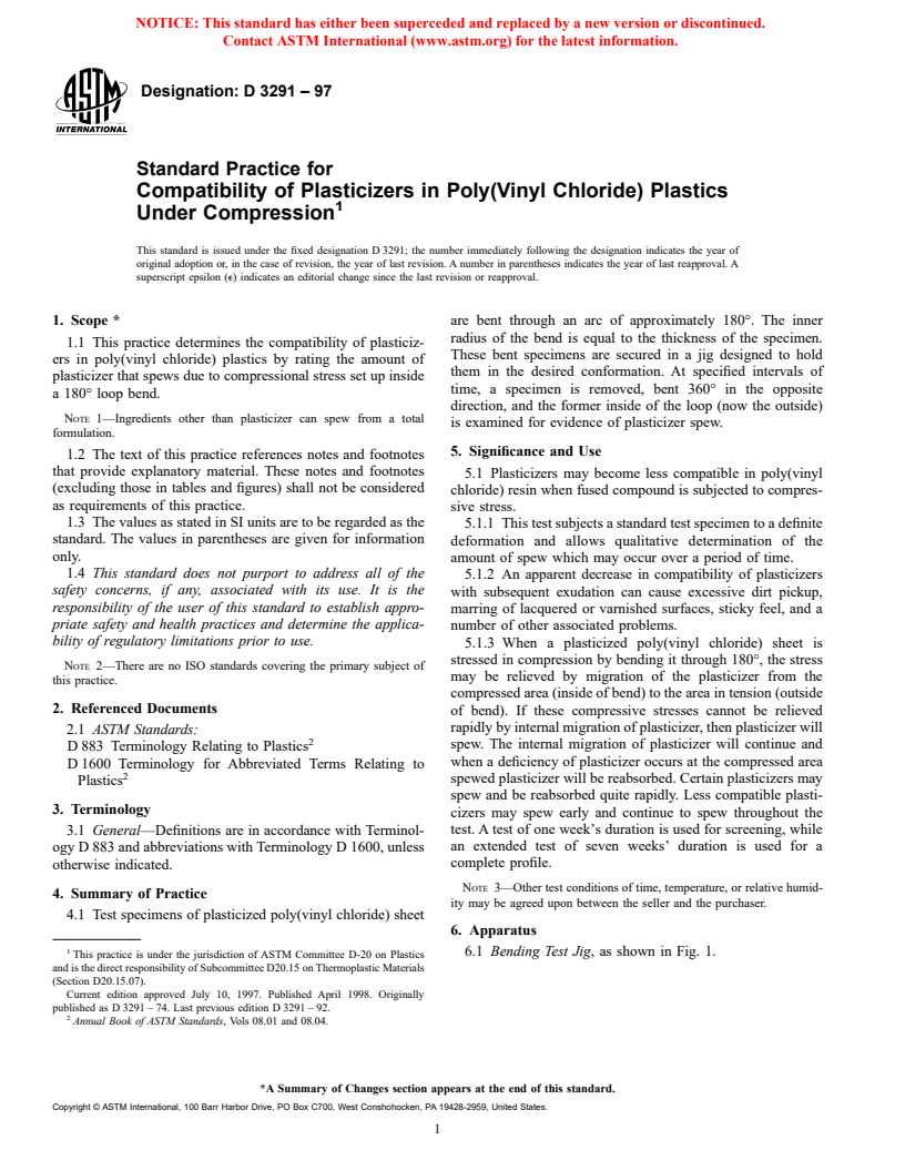 ASTM D3291-97 - Standard Practice for Compatibility of Plasticizers in Poly(Vinyl Chloride) Plastics Under Compression