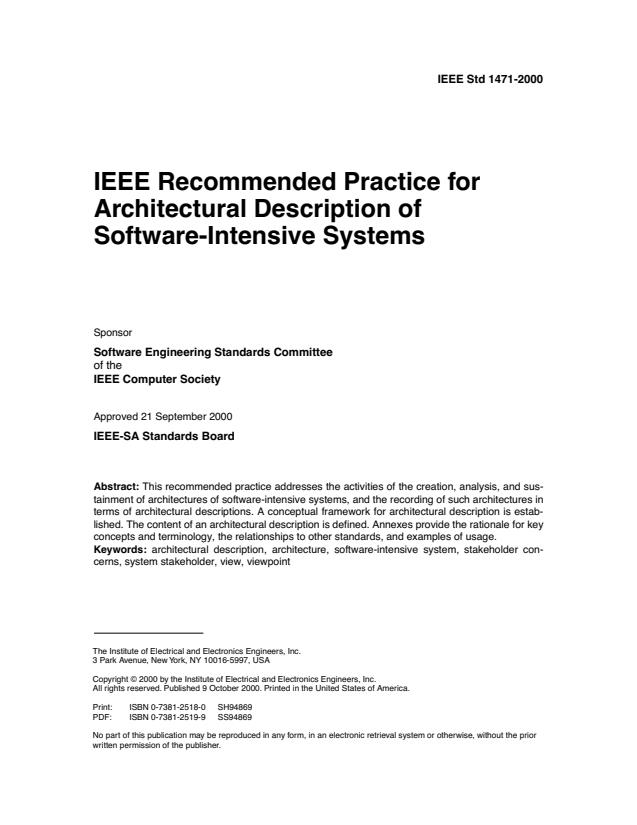 ISO/IEC 42010:2007 - Systems and software engineering -- Recommended practice for architectural description of software-intensive systems