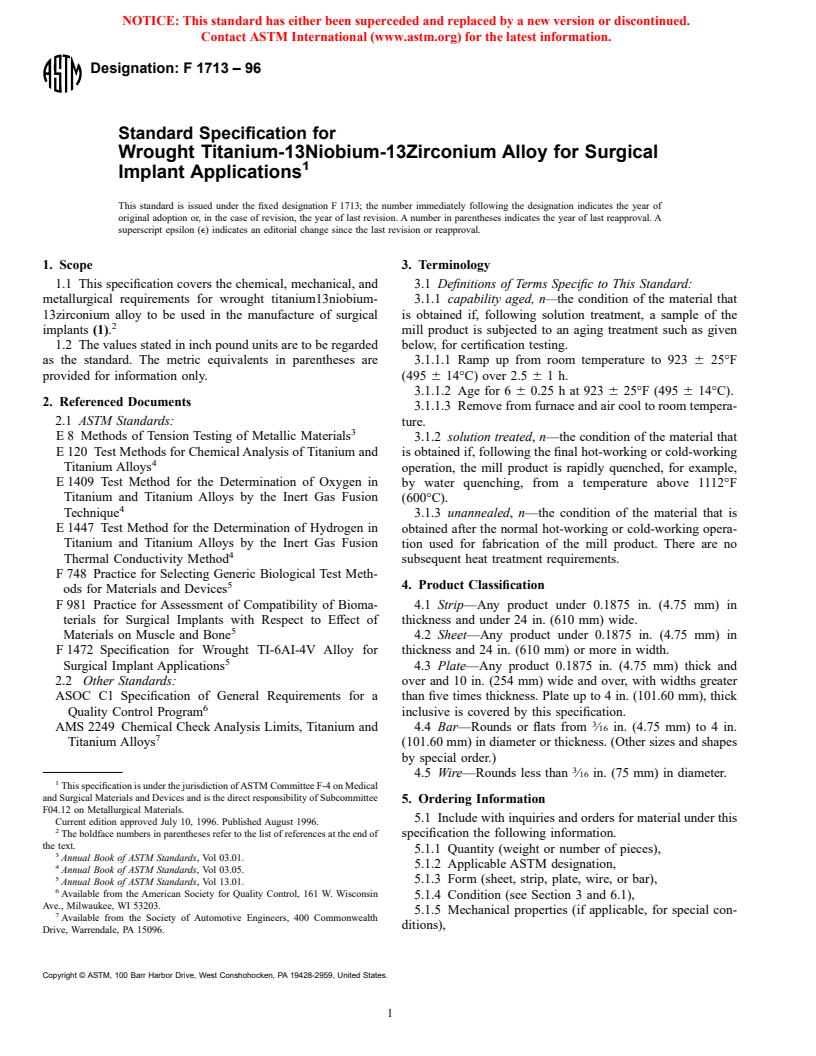 ASTM F1713-96 - Standard Specification for Wrought Titanium-13Niobium-13Zirconium Alloy for Surgical Implant Applications