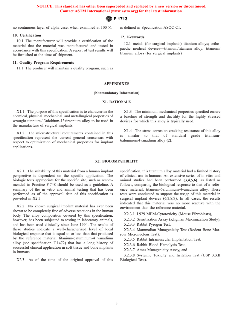 ASTM F1713-96 - Standard Specification for Wrought Titanium-13Niobium-13Zirconium Alloy for Surgical Implant Applications