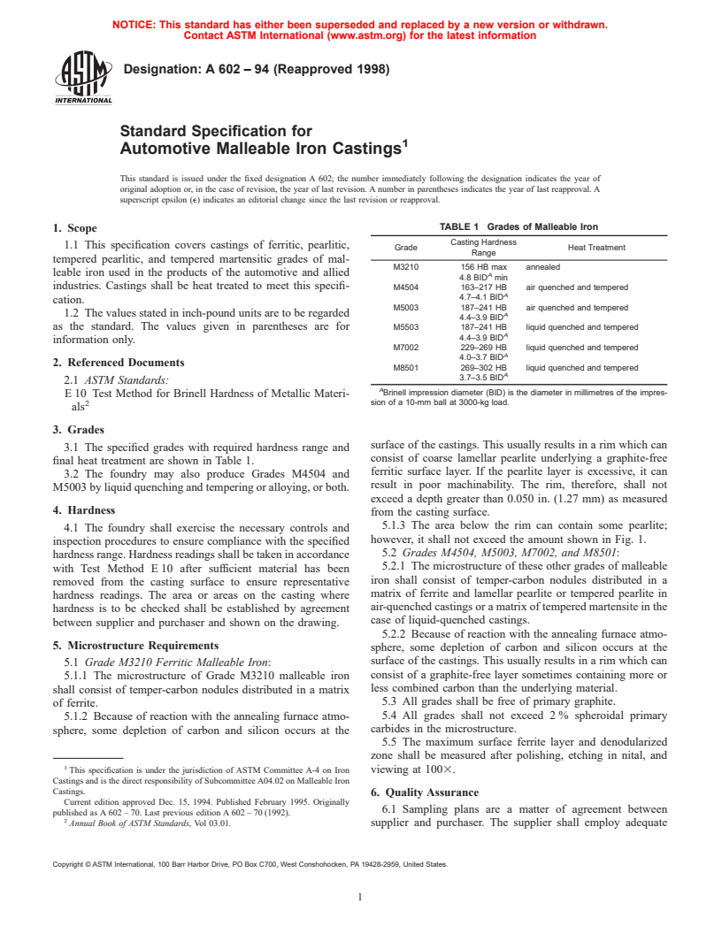 ASTM A602-94(1998) - Standard Specification for Automotive Malleable Iron Castings