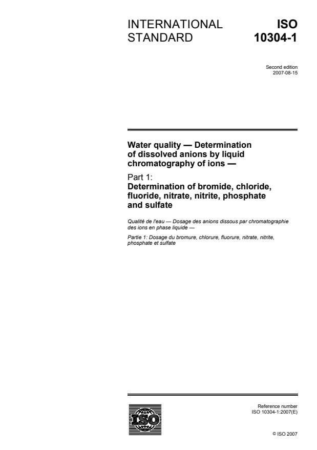 ISO 10304-1:2007 - Water quality -- Determination of dissolved anions by liquid chromatography of ions