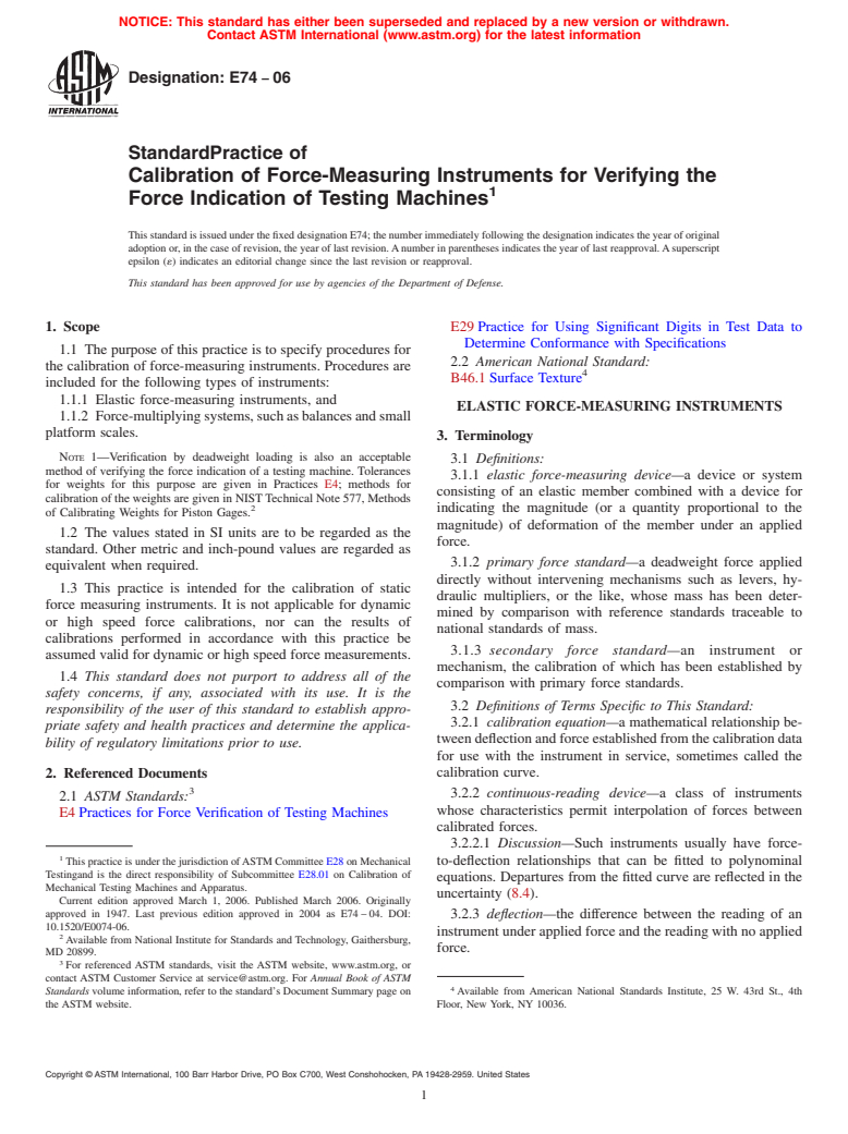 ASTM E74-06 - Standard Practice of Calibration of Force-Measuring Instruments for Verifying the Force Indication of Testing Machines