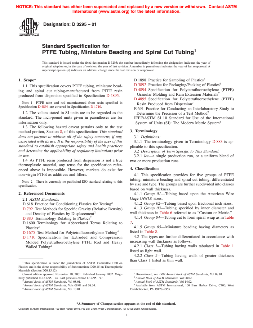 ASTM D3295-01 - Standard Specification for PTFE Tubing, Miniature Beading and Spiral Cut Tubing