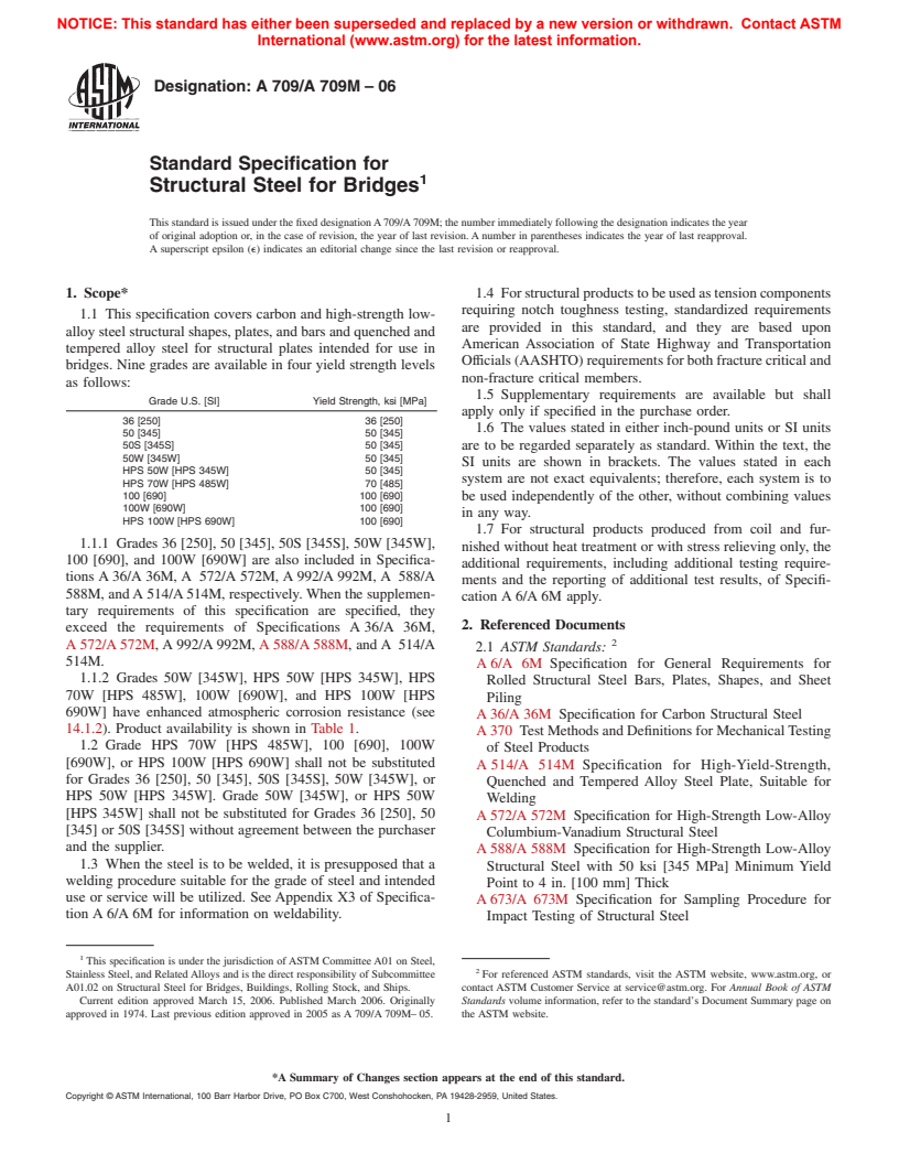 ASTM A709/A709M-06 - Standard Specification for Structural Steel for Bridges