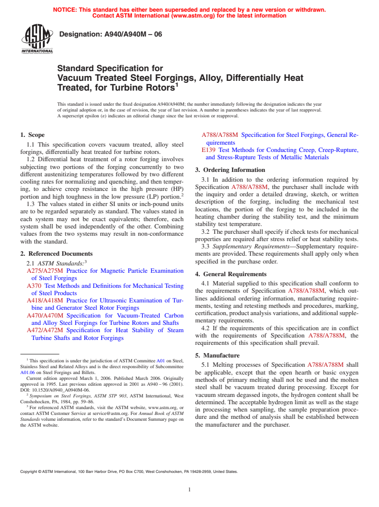 ASTM A940/A940M-06 - Standard Specification for Vacuum Treated Steel Forgings, Alloy, Differentially Heat Treated, for Turbine Rotors