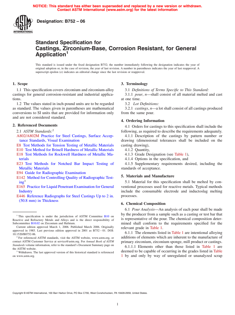 ASTM B752-06 - Standard Specification for Castings, Zirconium-Base, Corrosion Resistant, for General Application