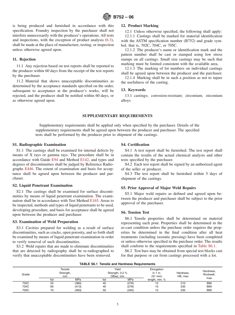 ASTM B752-06 - Standard Specification for Castings, Zirconium-Base, Corrosion Resistant, for General Application