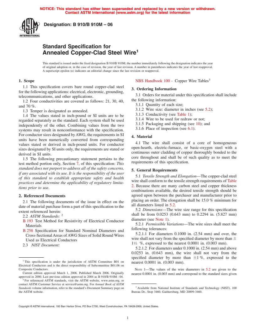 ASTM B910/B910M-06 - Standard Specification for Annealed Copper-Clad Steel Wire