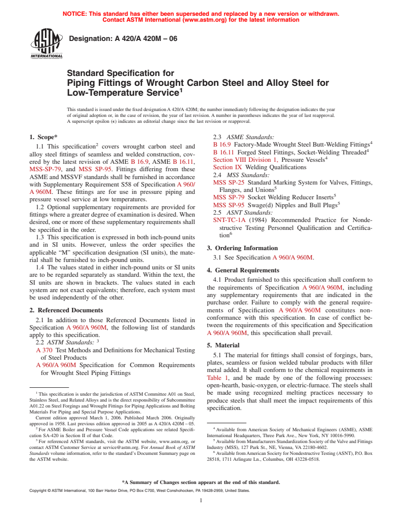 ASTM A420/A420M-06 - Standard Specification for Piping Fittings of Wrought Carbon Steel and Alloy Steel for Low-Temperature Service