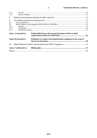 SIST EN 301 489-6 V2.1.1:2017 ETSI EN 301 489-6 V2.1.1 (2016-11) - ElectroMagnetic Compatibility (EMC) standard for radio equipment and services; Part 6: Specific conditions for Digital Enhanced Cordless Telecommunications (DECT) equipment; Harmonised Standard covering the essential requirements of article 3.1(b) of the Directive 2014/53/EU - Page 4 preview