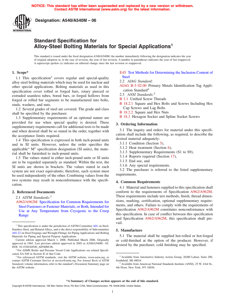 ASTM A540/A540M-06 - Standard Specification for Alloy-Steel Bolting Materials for Special Applications