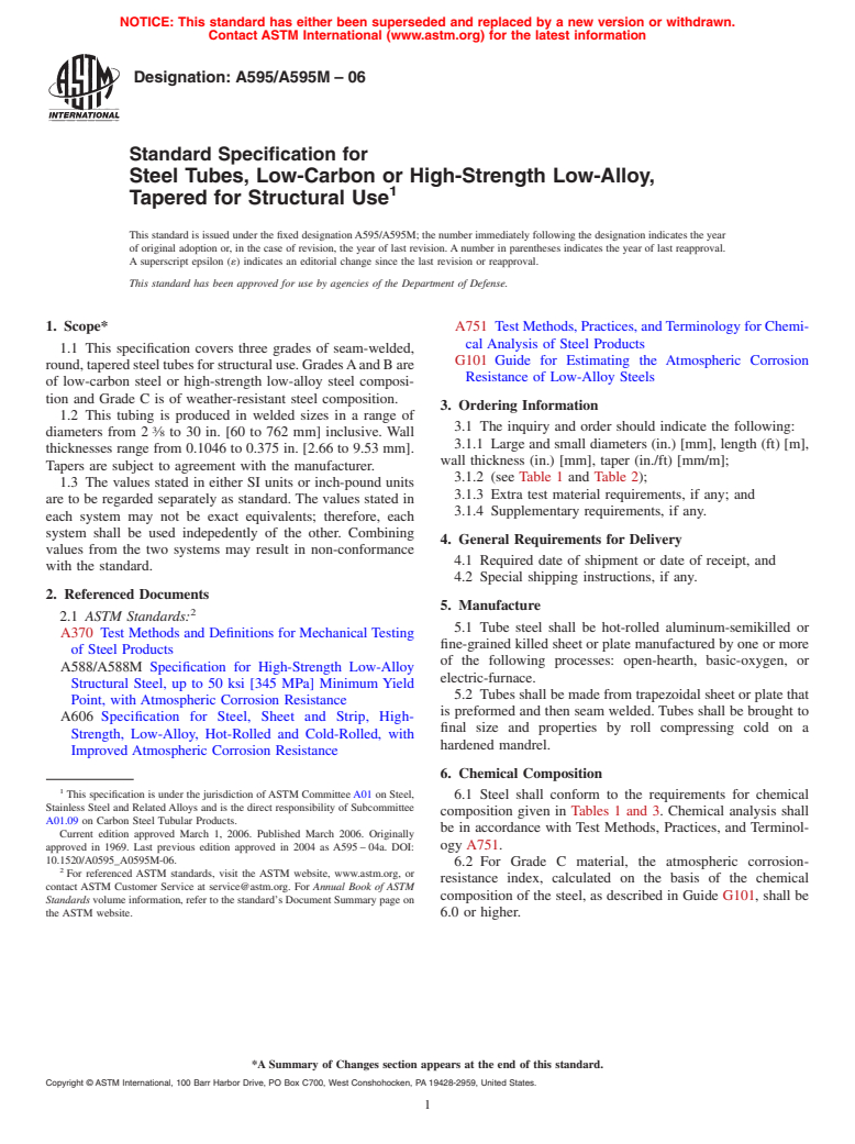 ASTM A595/A595M-06 - Standard Specification for Steel Tubes, Low-Carbon or High-Strength Low-Alloy, Tapered for Structural Use