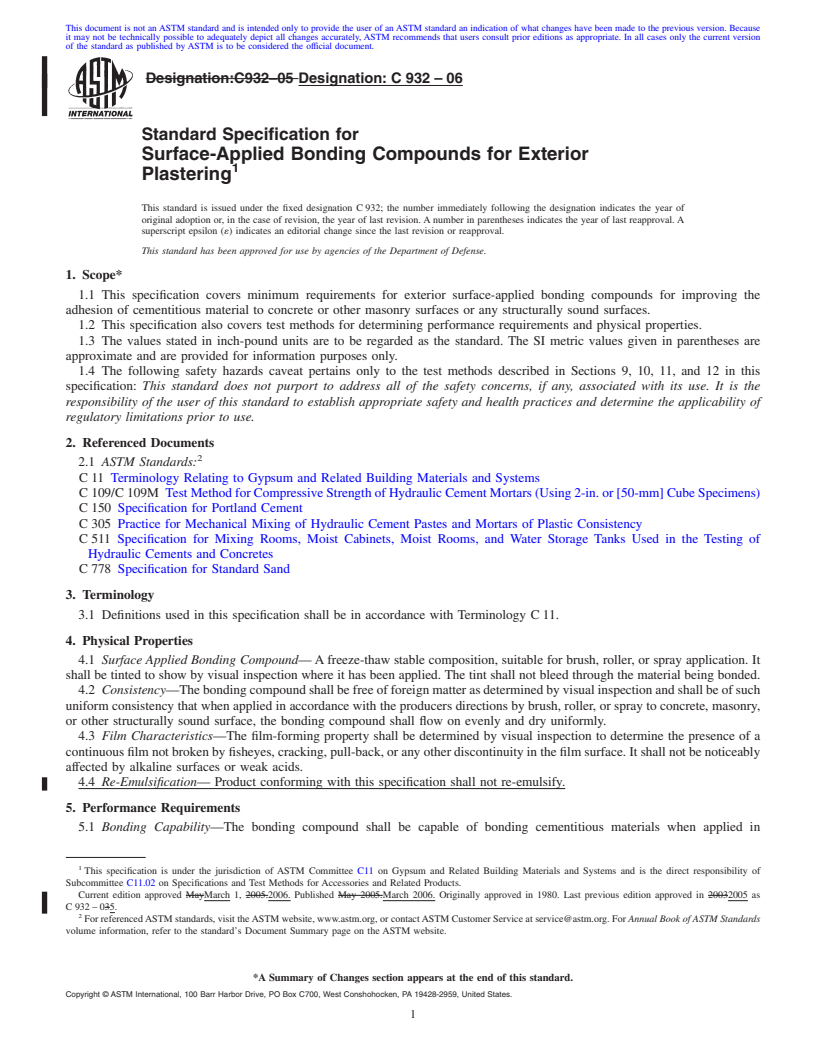 REDLINE ASTM C932-06 - Standard Specification for Surface-Applied Bonding Compounds for Exterior Plastering