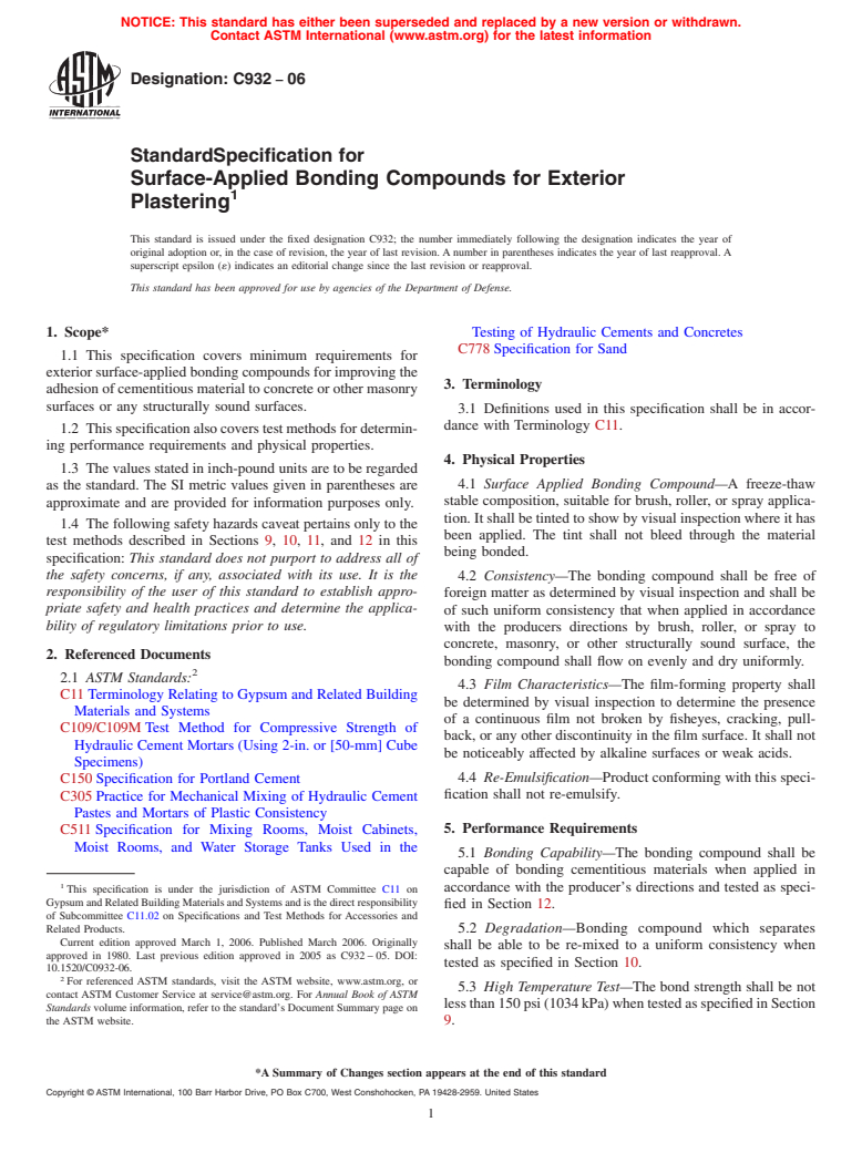 ASTM C932-06 - Standard Specification for Surface-Applied Bonding Compounds for Exterior Plastering